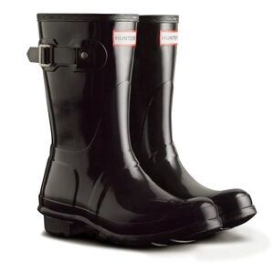Hunter Glossy Black Short Rain Boots with Side Buckle